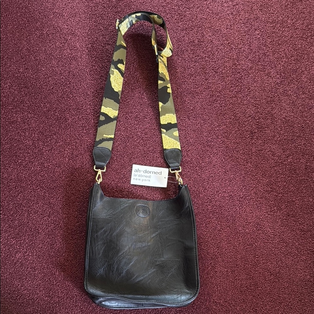 Black “ah-dorned” brand Vegan Leather Messenger Bag with Camouflage Strap